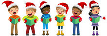 Multicultural Kids Wearing Xmas Hat And Singing Christmas Carol Isolated
