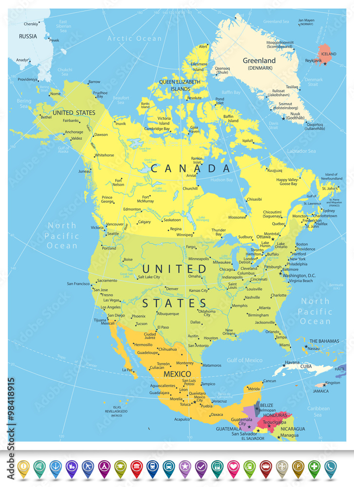 Map With North North America Detailed Political Map with Navigation Icons Stock Vector ...