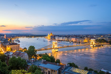 Hungary, Budapest, View From Buda To Pest, Chain Bridge And Danube River In The Evening