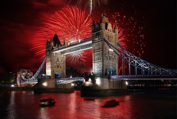 tower bridge with firework, celebration of the new year in london, uk