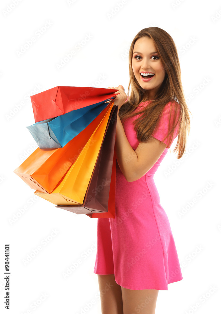 Young pretty woman with shopping packages isolated on white
