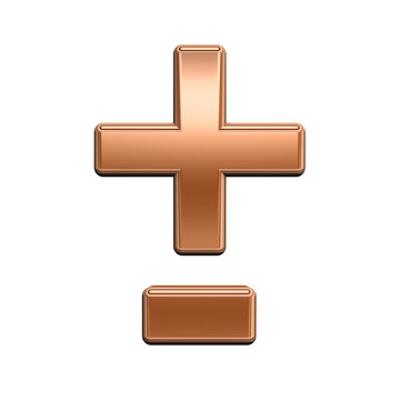 Hyphen, minus, plus marks from shiny copper alphabet set, isolated on white. Computer generated 3D photo rendering.