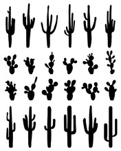 Black Silhouettes Of Different Cactus, Vector