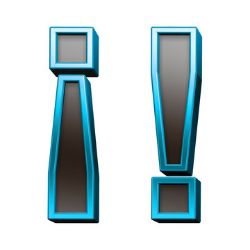 Exclamation mark from black with blue shiny frame alphabet set, isolated on white. Computer generated 3D photo rendering.