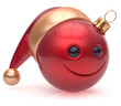 Christmas ball emoticon smiley face adornment Happy New Year's Eve bauble decoration cute red. Happy Merry Xmas cheerful avatar smile Santa hat laughing funny joyful cartoon character. 3d render