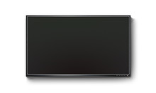 Black TV Flat Screen, Plasma Realistic Illustration, Tv Mock Up On The Wall. Black HD Led Monitor Mockup. Flatscreen Panel Stand Isolated On White Background. Show Presentation On Flat Display Set.