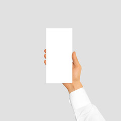 Fototapete - Hand holding blank flyer brochure booklet in the hand. Leaflet presentation. Pamphlet hand businessman. Man show offset paper. Sheet template. Booklet design. Paper sheet display read first person.