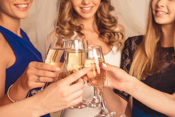 Wall Mural - Closeup photo of cheerful girls celebrating a bachelorette party