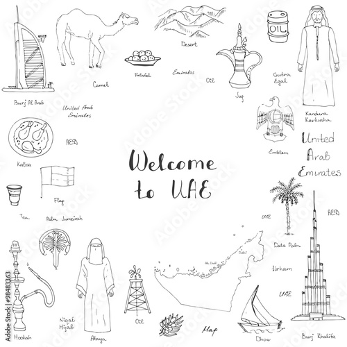 Fotografía Hand drawn doodle UAE set Vector illustration Sketchy Emirati food icons United