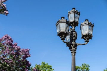 ancient iron streetlight against the sky