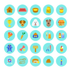 Wall Mural - Flat dog care round vector web icons in colorful circles, isolated on white. Simple conceptual bright colors symbols of nutrition, grooming and accessories of dogs. Pets infographics design elements