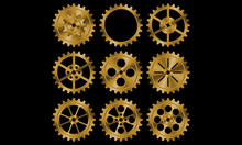 Set Of Golden Gears On Black Background.
