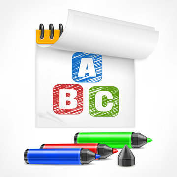 Color marker and letters symbol in notepad, vector illustration