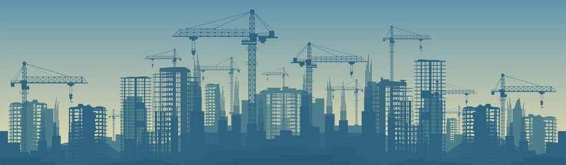 Poster - Wide banner illustration of buildings under construction in process