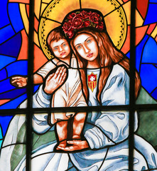 Fototapete - Stained Glass of Madonna with Child in Madrid Cathedral