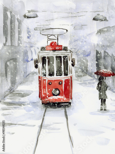 Zdjęcie XXL Opad śniegu i stary tramwaj