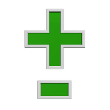 Hyphen, minus, plus marks from green glass with white frame alphabet set, isolated on white. Computer generated 3D photo rendering.