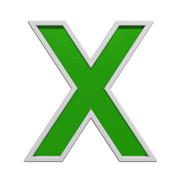 One letter from green glass with white frame alphabet set, isolated on white. Computer generated 3D photo rendering.