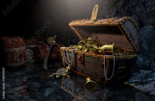 Fotomural Pirate's chest in a dark cave
