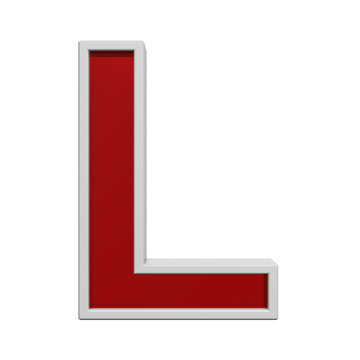 One letter from red glass with white frame alphabet set, isolated on white. Computer generated 3D photo rendering.