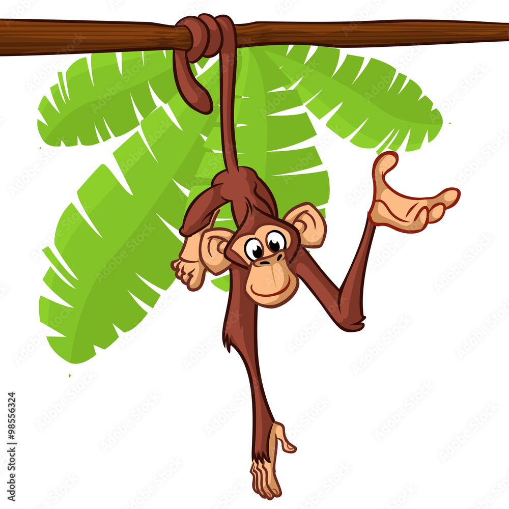 Cute monkey hanging on the tree branch with his tail