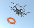 Drone dropping  lifebuoy for lifesaving concept.