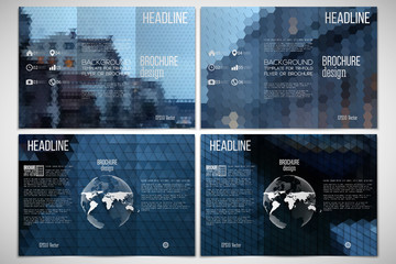 Poster - Vector set of tri-fold brochure design template on both sides with world globe element. Abstract multicolored backgrounds. Geometrical patterns. Triangular and hexagonal style