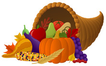 Vector Illustration Of A Cornucopia Overflowing With Food.
