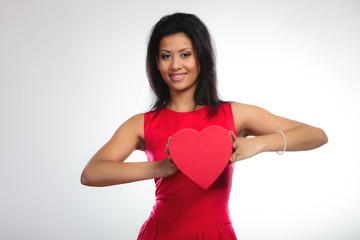 lovely woman with red heart shaped gift box