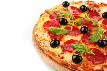 Sticker - Pepperoni pizza with olives and arugula, isolated on white