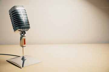 Poster - Vintage microphone on white wooden table