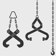 Lifting Device - Grapple. Crane Hook On The Chain. Isolated Black Silhouette On White Background. Vector Illustration.