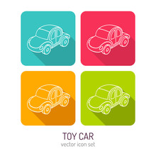 Vector Line Art Toy Car Icon Set In Four Color Variations With Long Shadows
