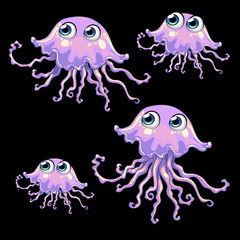 Wall Mural - Family purple jellyfish, four funny tems