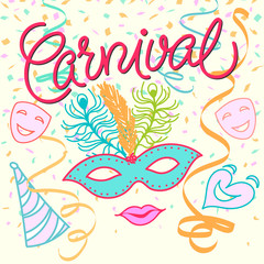 Carnival Festive background with hats, masks, ribbons and more.