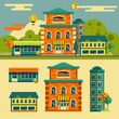 Buildings vector set. Small town street landscape in flat style. Design elements and icons