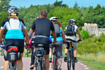 group of cyclists going on the road in the countryside