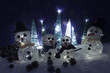 Xmas decorations crafts snow scenary illuminated snowmen and tre
