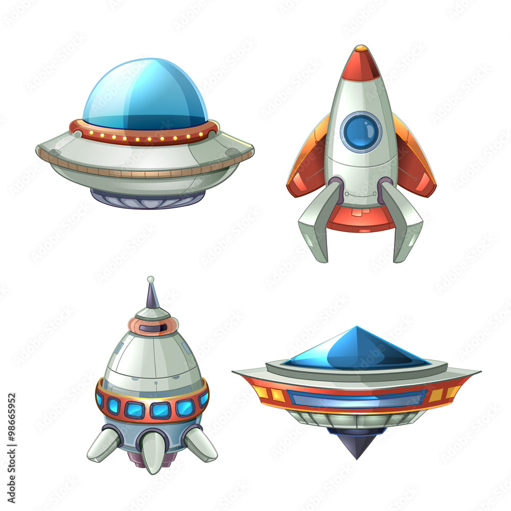 Spaceship and UFO vector set in cartoon style Stock Vector | Adobe Stock
