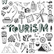 © worldion - Hand drawn big set. Summer holiday - camping and sea vacation. Travel icons vector collection. Doodle tourism lettering