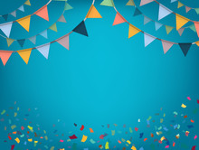 Celebrate Banner. Party Flags With Confetti. Vector.