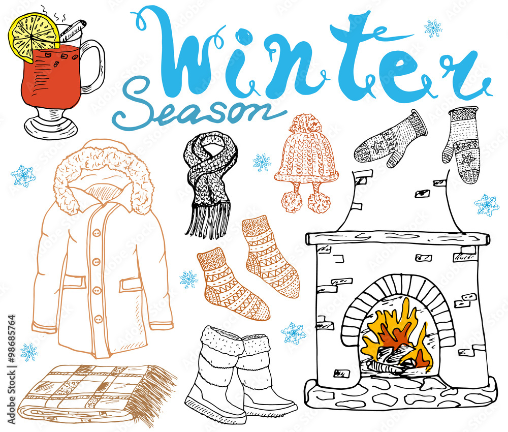 winter season dress drawing Winter clothes set,Outline hand drawing doodles Stock Vector by Nooboonyen  131852424
