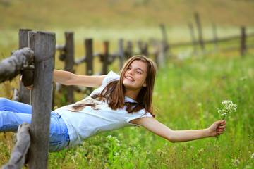 Wall Mural - Teenage girl get fun at the farm