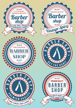 Set Of Barber Shop Red And Blue Badges Isolated On Gradient Background. Collection Of Badges And Elements For Company Logotypes, Business Identity, Print Products, Page And Web Decor Or Other Design.