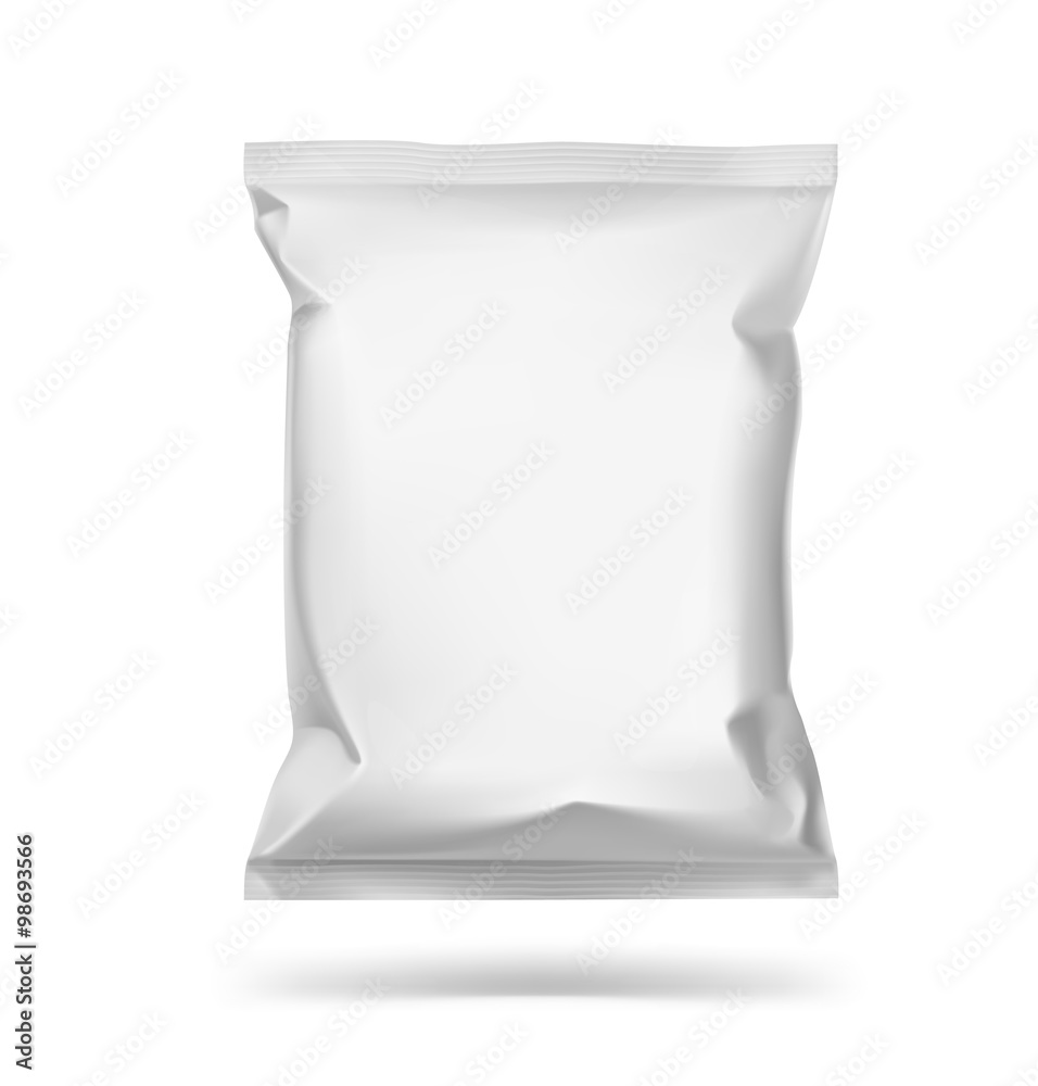 Food snack pillow bag on white background. Vector illustration. Can be use for template your design, promo, adv. - obrazy, fototapety, plakaty 