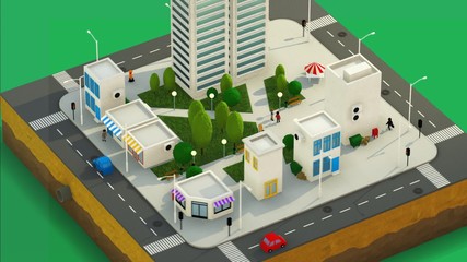 Poster - Low poly 3d animation of the city life. Urban aerial view of the city block.