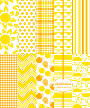 Sun seamless patter set. Repeating patterns for backgrounds, gift wrap, scrapbooking and more. Sun, circle, plaid, bunting, stripe, gingham, chevron, bubble, and stripe prints. Yellow and orange.