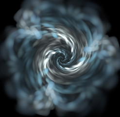 Abstract black background with blue, white and grey spiral textu