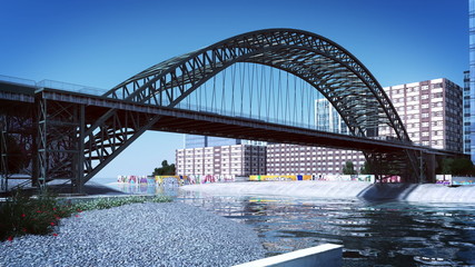 Sticker - Conceptual animation of a tied-arch bridge in the fictional town. Time-lapse. HD