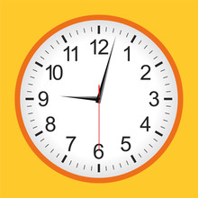 Flat Style Orange Analogue Clock .Vector Illustration.